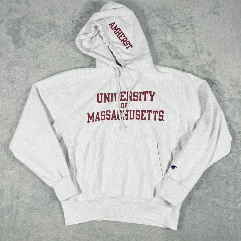 Champion Mens M Hoodie UMass Amherst Reverse Weave Gray